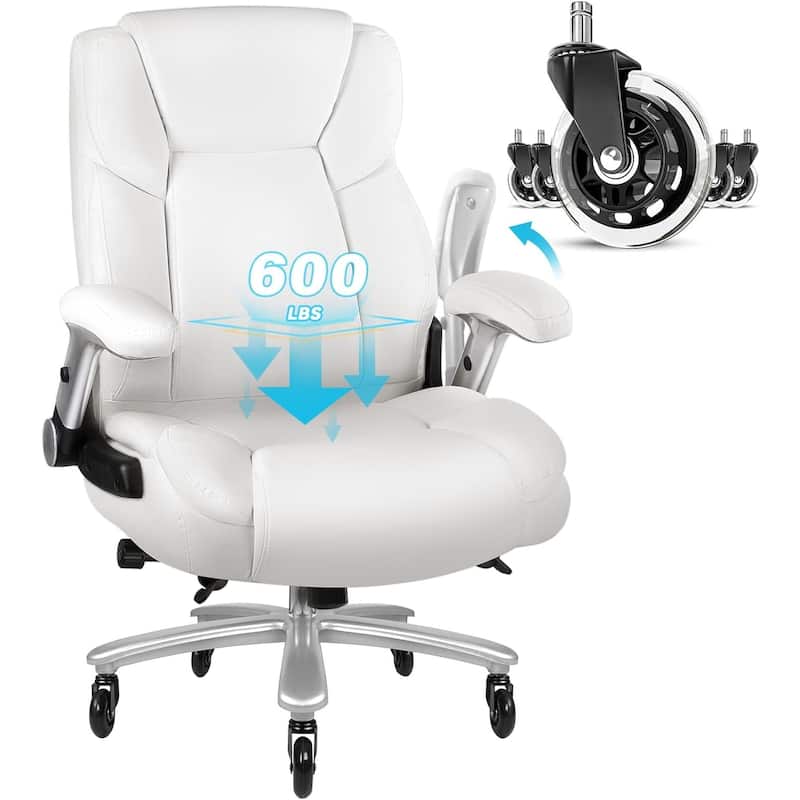 BOSSIN 600lbs Big and Tall Office Leather Chair with Flip up Armrest, Ergonomic Lumbar Support and Quiet Rubber Wheel