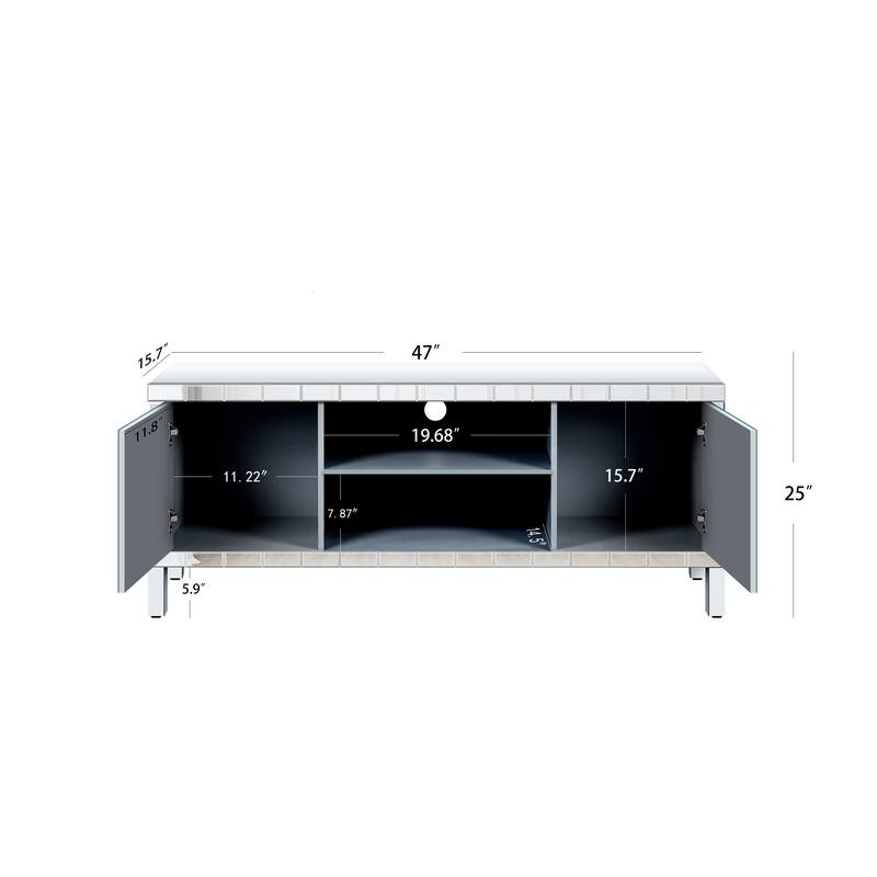 47 Inch Mirrored TV Stand with Diamond Glass Doors, Modern Media Console for TVs up to 50 Inch with Open Storage