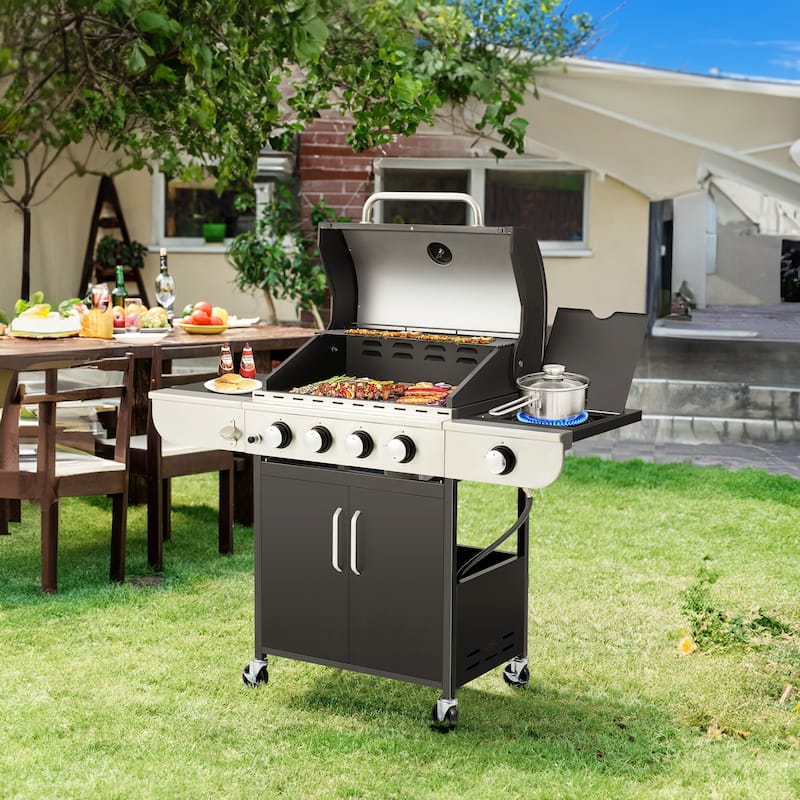 EROMMY Outdoor Propane Gas Grill - 58,000 BTUs Stainless Steel Patio Barbecue with Burner, Side Table, and Stove,Black - N/A