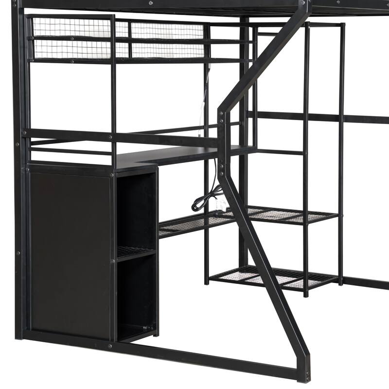 Full Size Black Metal Gaming Loft Bed w/ Open Wardrobe & Built-in Work Station, LED Storage Loft Bed Frame for Kids,Teens,Adults