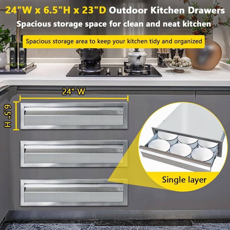 Outdoor Kitchen Drawer 24" W x 6.5" H x 23" D, 304 Stainless Steel Flush Mount Single Layer Access BBQ Drawers