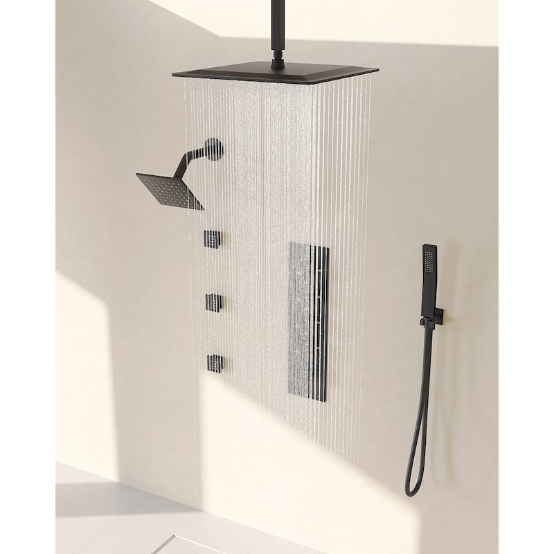 GRANDJOY Thermostatic Shower Faucet Set 16" Ceiling and 6" Wall Mounted Dual Shower Heads Handheld Shower Spray Body Jets