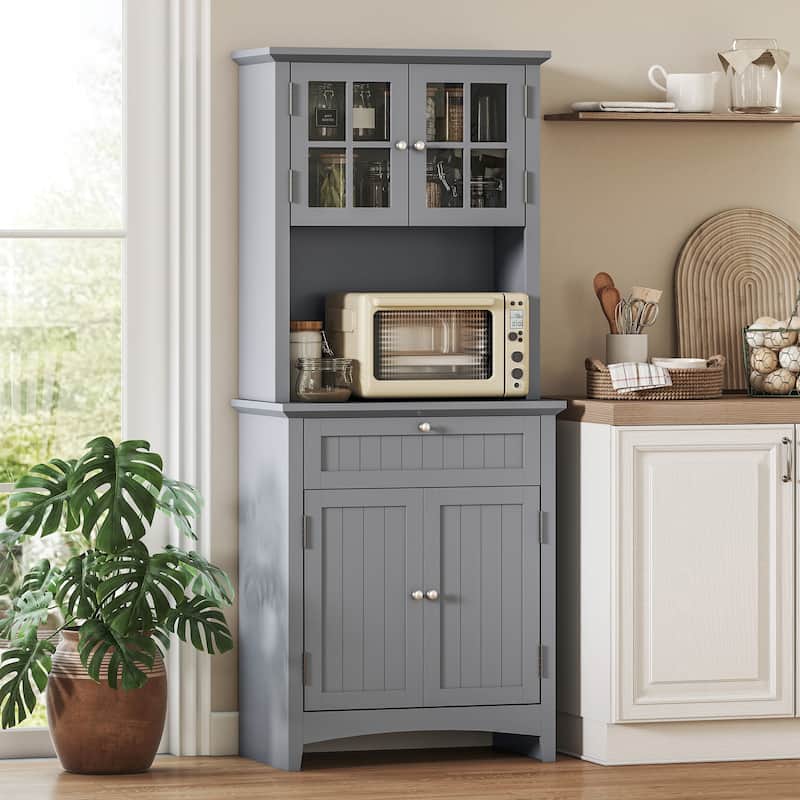 HOMCOM Kitchen Buffet Hutch Wooden Storage Cupboard with Framed Glass Door, Drawer and Microwave Space - 27"x15.75"x64.5" - Grey