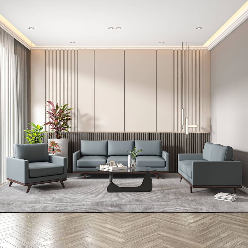 3-Piece Sofa Set Upholstered in Leather with Birch Wood Base Chester Collection