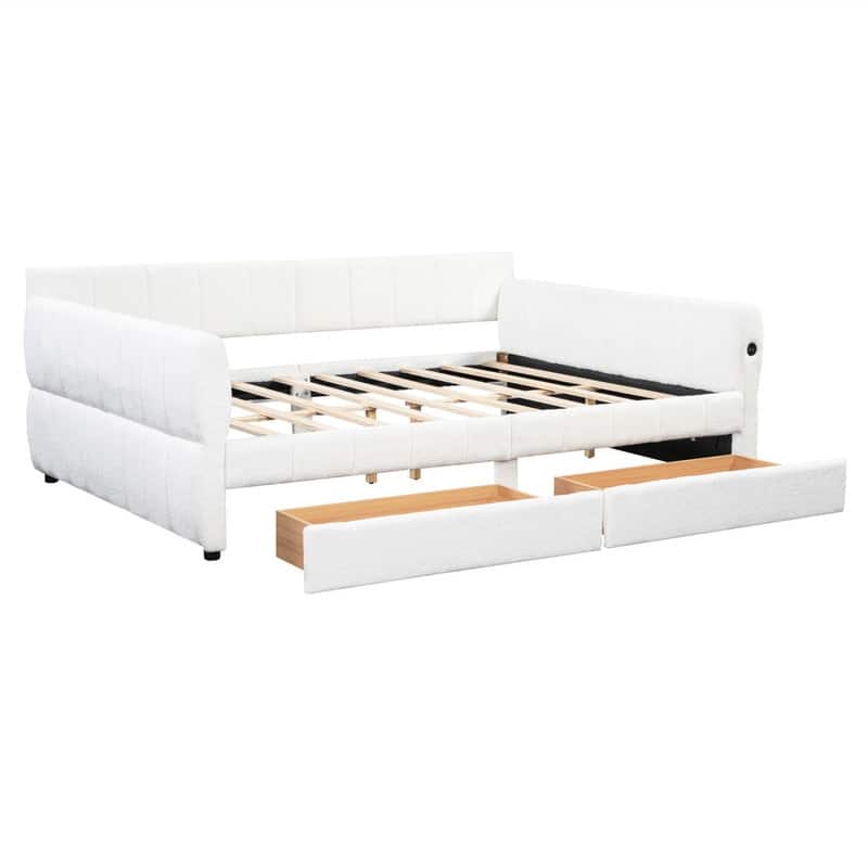 Upholstered Daybed with 2 Storage Drawers, Queen Size Sofa Bed Frame with USB Ports Design and Wood Slats Support