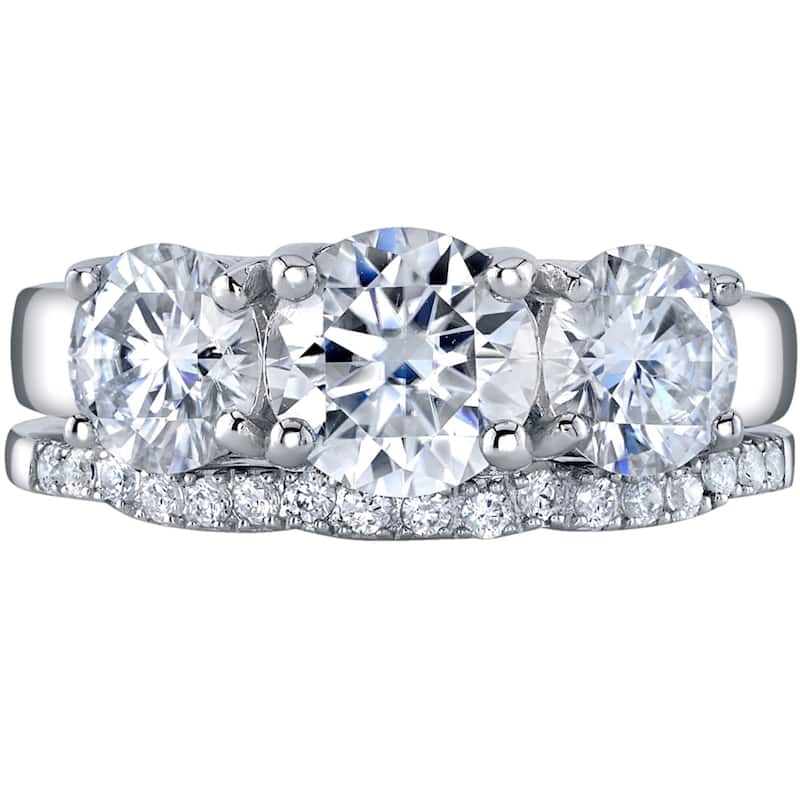 2.75 ct Moissanite 3-Stone Engagement Ring Wedding Band Bridal Set in Sterling Silver