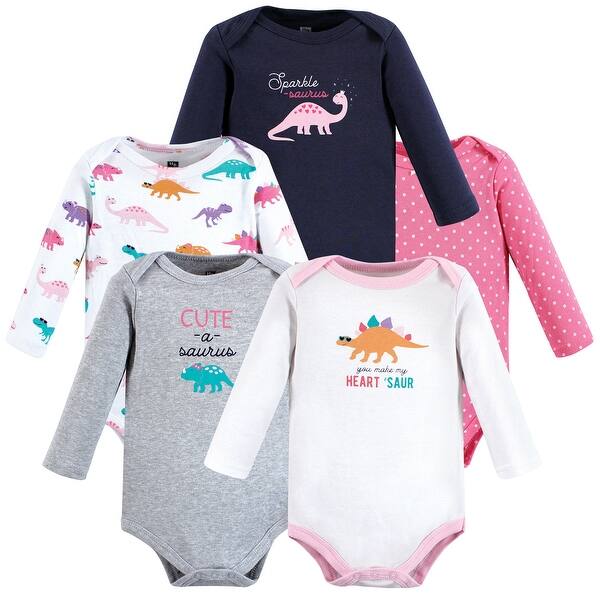 slide 1 of 1, Hudson Baby Infant Girl Cotton Long-Sleeve Bodysuits, Cuteasaurus 5-Pack 0-3 Months - Cuteasaurus 5-Pack
