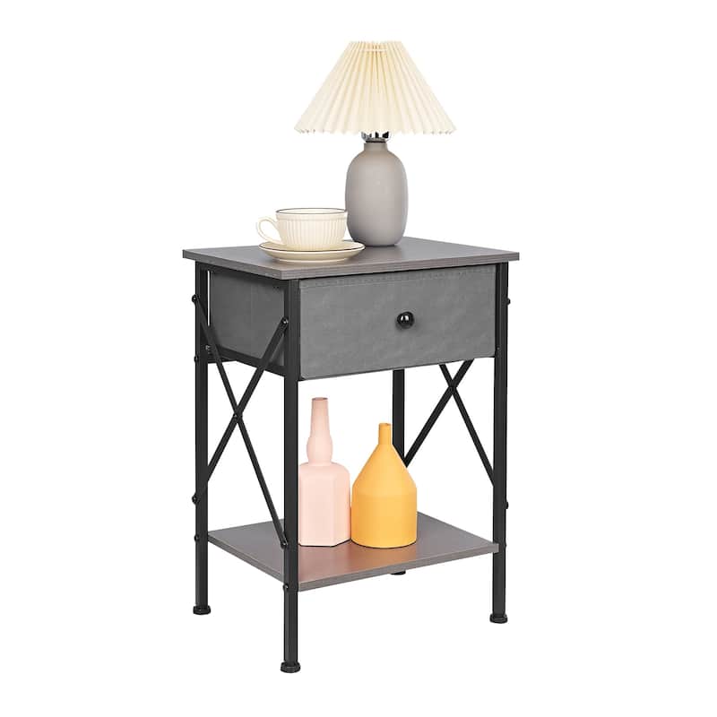 VECELO X Frame Nightstand with Removable Fabric Drawer Easy to Clean Nightstand Multifunctional End Table with Open Shelf