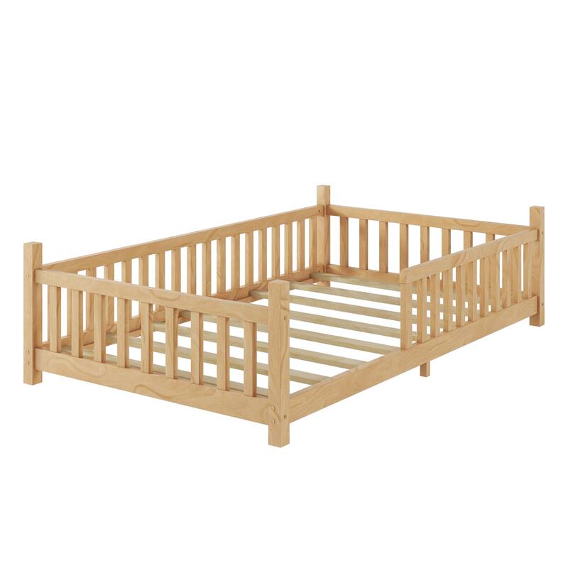 Wood Low Floor House Bed with Fence and LED Light Roof, Creativity Bed Tent Design for Kids Boys Girls No Box Spring Needed