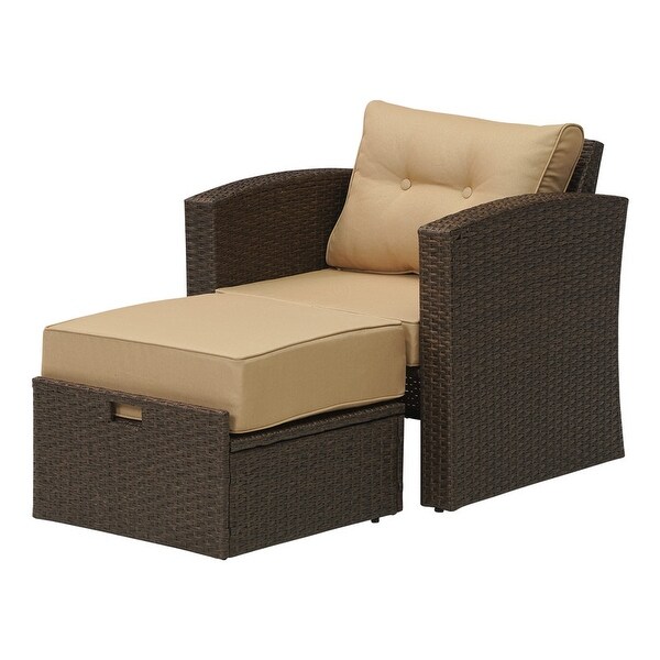 Brown Rattan Single Sofa and Pedal with Beige Cushion