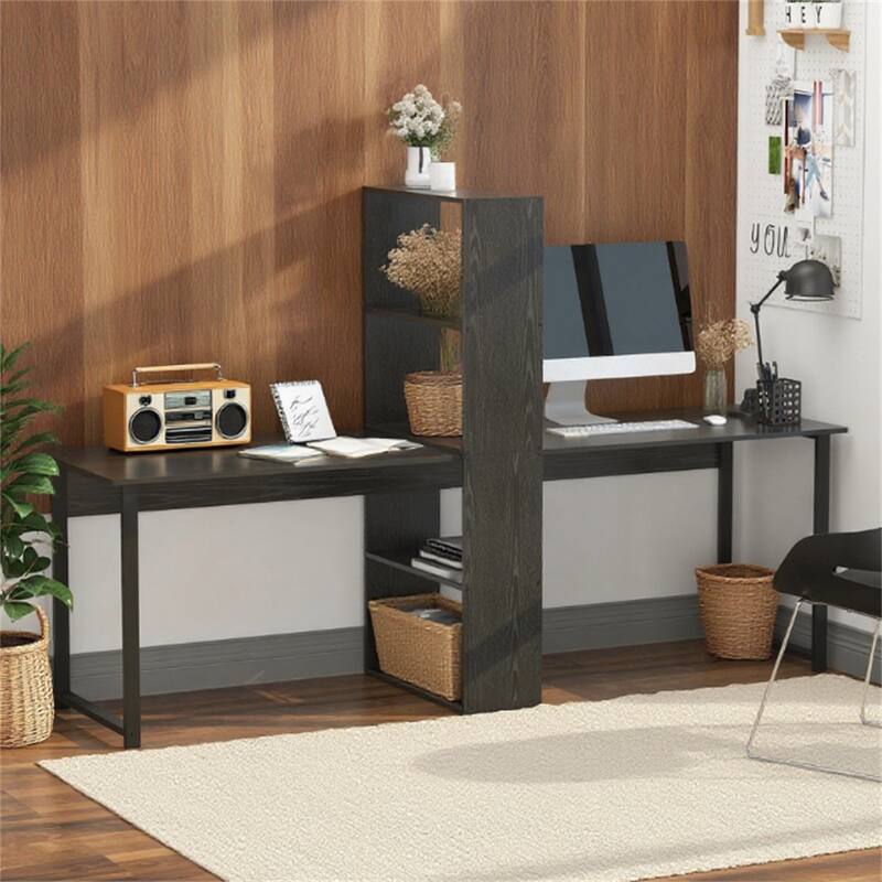Long Computer Desk with Storage Shelves Combo, Double Workstation