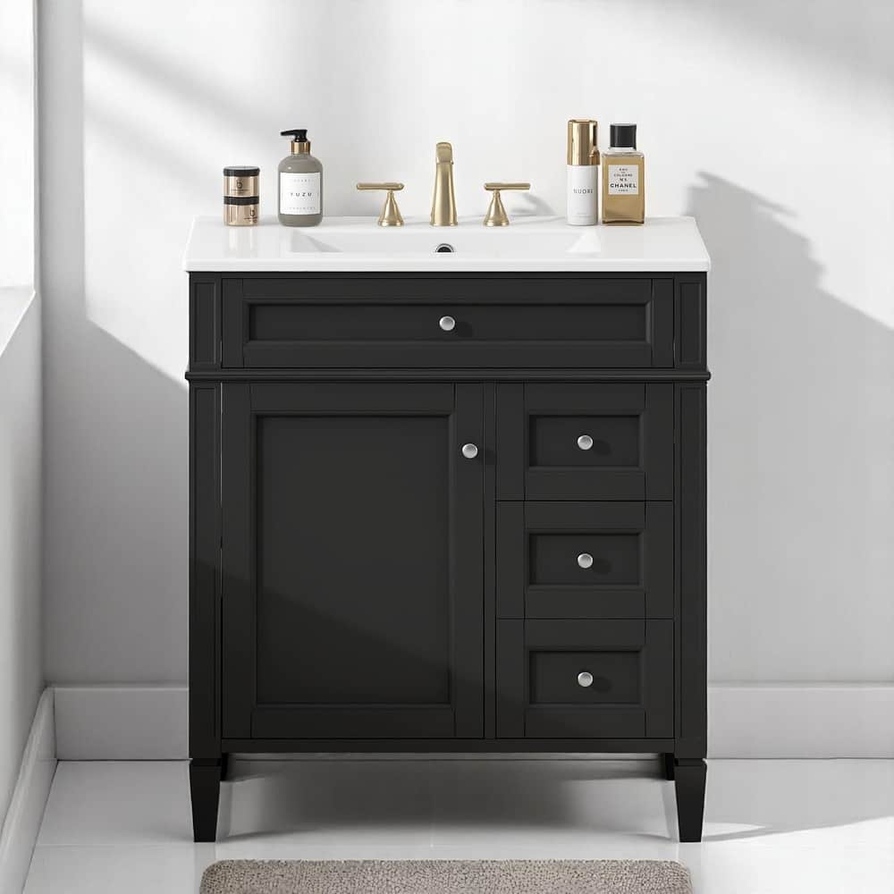 30 Inch Bathroom Vanity with Ceramic Top, 2 Storage Drawers, Tip-Out Tray, Solid Wood Frame Cabinet