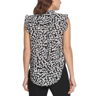 Dkny Women's Floral Print Sleeveless Ruffle Top Charcoal Size Large ...