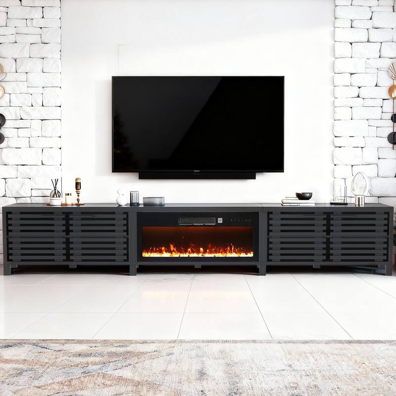 115" Mid-Century Modern Black Electric Fireplace TV Stands for TVs up to 120" with Remote