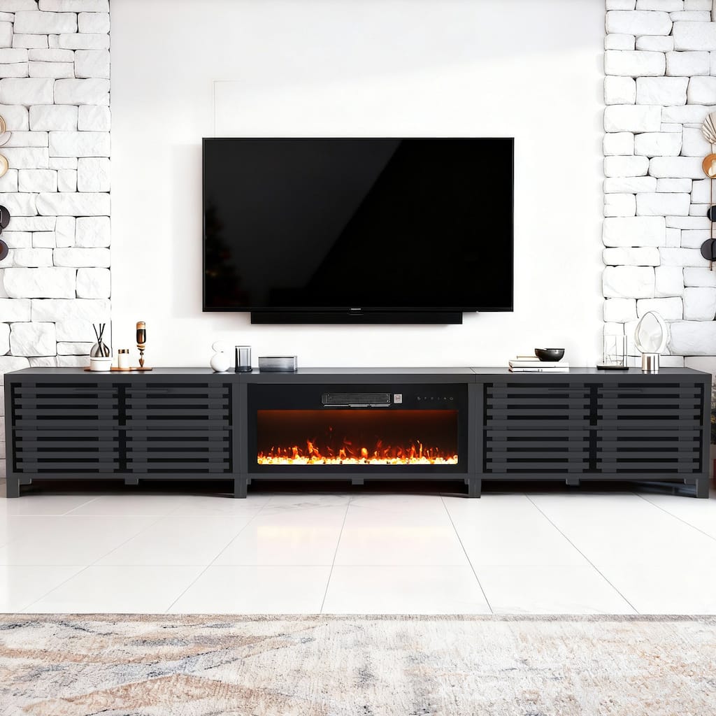 115" Mid-Century Modern Black Electric Fireplace TV Stands for TVs up to 120" with Remote