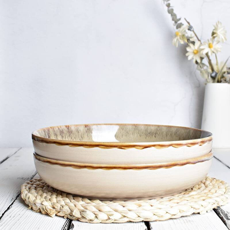 Stoneware Large Pasta Bowls, Set of 4, 40 Oz, Big Salad Bowls, Microwave and Dishwasher Safe (Brown Grey, 9.3 in)