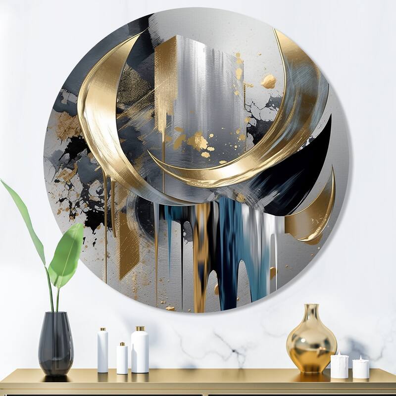 Designart "Abstract Shapes And Lines I" Abstract Marble Metal Round Wall Art - 36x36 - Disc of 36 Inch