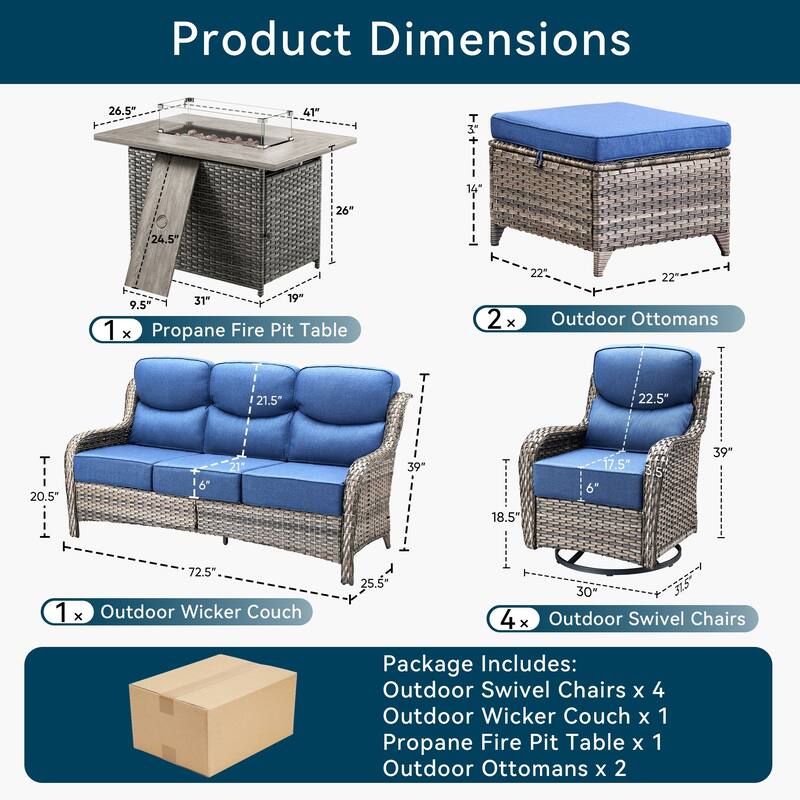 Pocassy 8 Pieces Outdoor 6 Inch Sofa Swivel Chair Ottoman with Fire Table