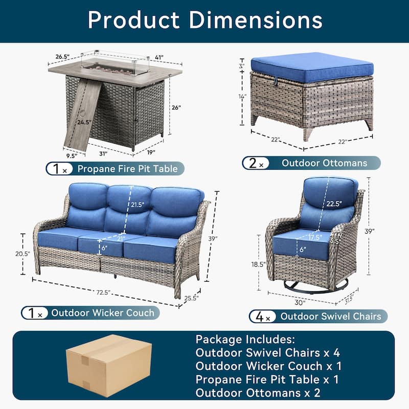 Pocassy Outdoor 6 Inch Sofa Chair Ottoman with Fire Pit Table Set