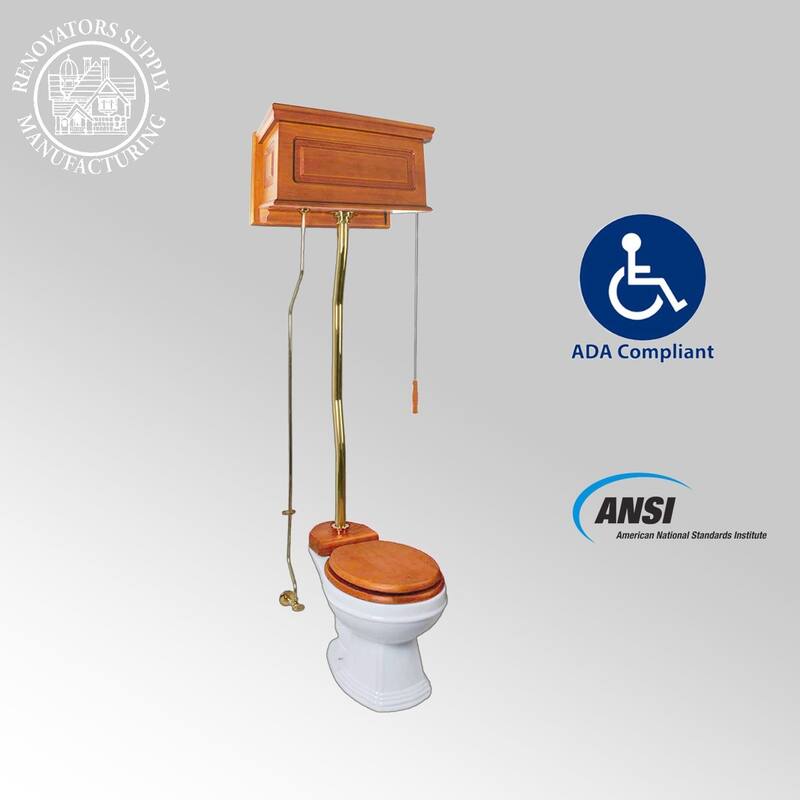 High Tank Toilet - Light Mahogany Raised Tank, White Elongated Bowl and Brass Z Pipe Renovators Supply