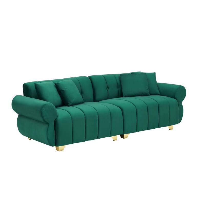 89-inch Green Velvet Sofa with Spring-wrapped Cushions and 4 Throw Pillows