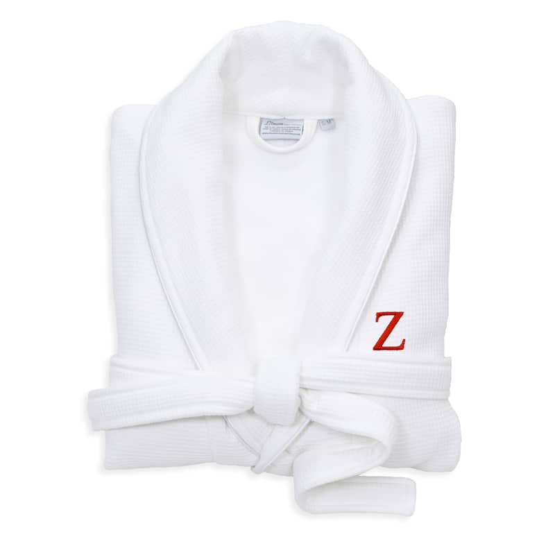 Authentic Hotel and Spa White Unisex Turkish Cotton Waffle Weave Terry Bath Robe with Red Block Monogram - L/XL - Z
