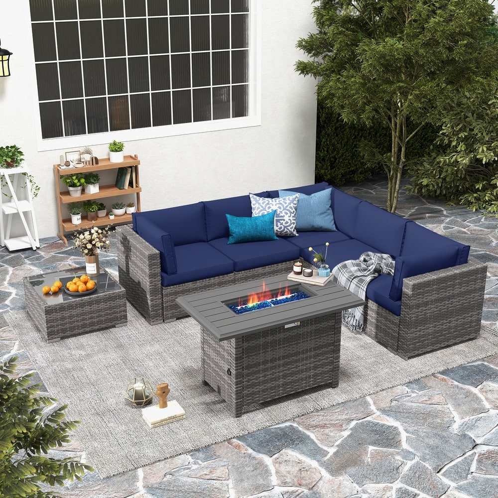 7 Piece Wicker Set Patio Sofa Furniture with Fire Pit And Table