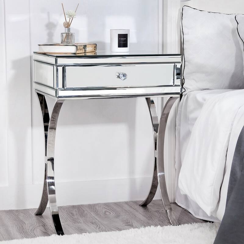 Mirrored Nightstand with Drawer, Mirror End Table Silver Bedside Table