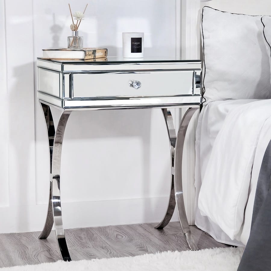 Mirrored Nightstand with Drawer, Mirror End Table Silver Bedside Table