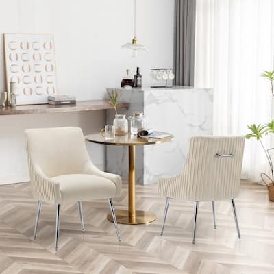 SEYNAR Modern Velvet Pleated Finish Back Dining Chair Set of 2 with Rear Handle