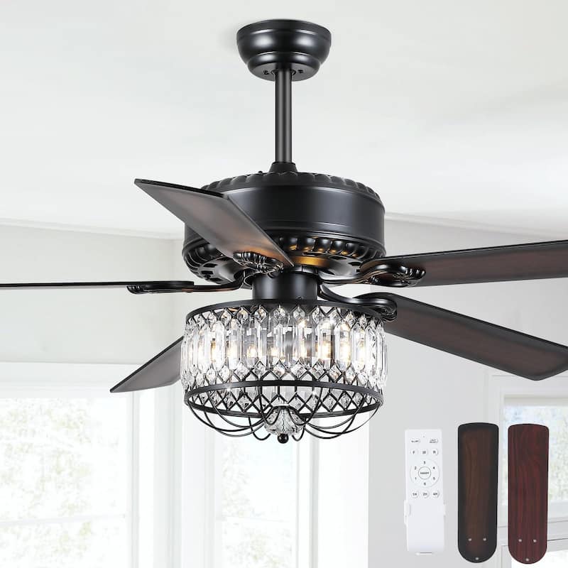 52" Modern Crystal Ceiling Fan Chandelier with Remote,2 Bulbs,Reversible DC Motor,5 Plywood Blades - 52 Inches - Black