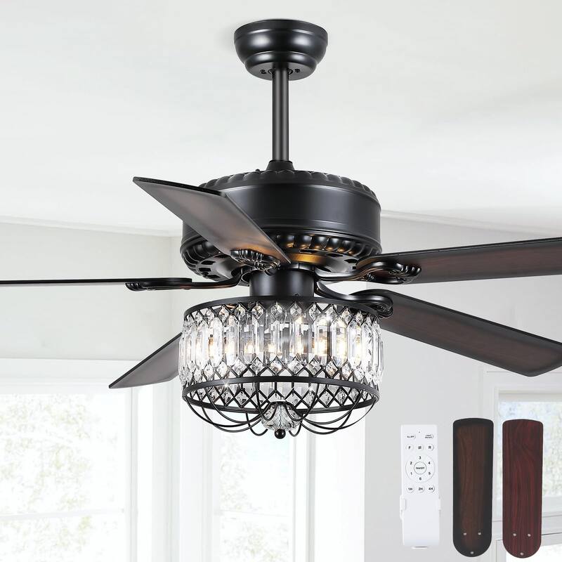 52" Modern Crystal Ceiling Fan Chandelier with Remote,2 Bulbs,Reversible DC Motor,5 Plywood Blades - 52 Inches