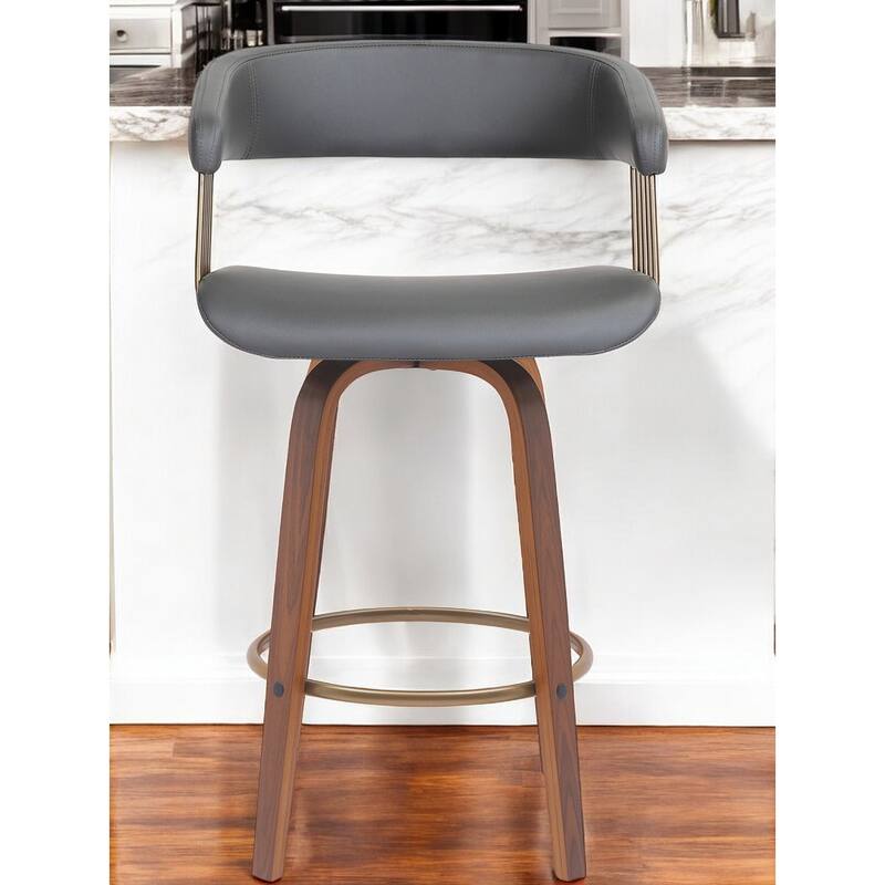 26" Gray And Wood Brown Faux Leather Swivel Counter Height Bar Chair - Gray
