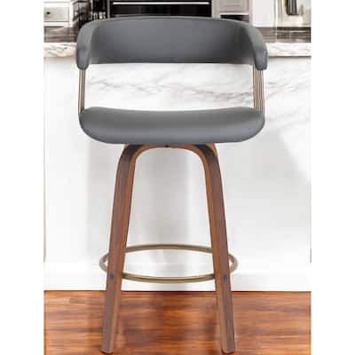 26" Gray And Wood Brown Faux Leather Swivel Counter Height Bar Chair