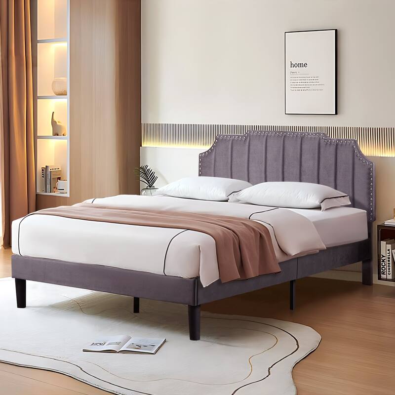 VECELO Upholstered Bed Frame with Nailhead Trim Adjustable Height Headboard, Twin/Full/Queen Size Bedframes - Grey - Full