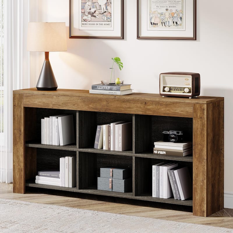 63-inch Horizontal Wood Bookshelf, Industrial Long Bookcase - Light Brown