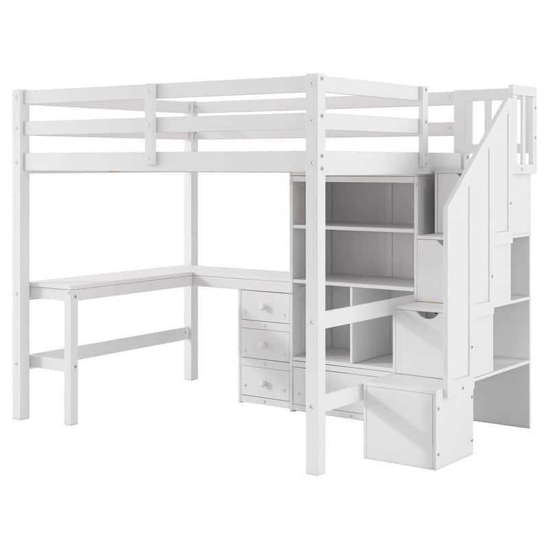 Multifunctional Wood Twin Size Loft Bed with L-Shaped Desk and Storage Staircase, Loft Bed Frame with Cabinet and Drawers
