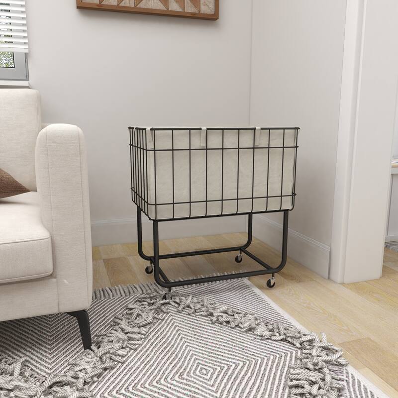 Black Metal Deep Set Wire Basket Storage Cart with Wheels and Fabric Lining