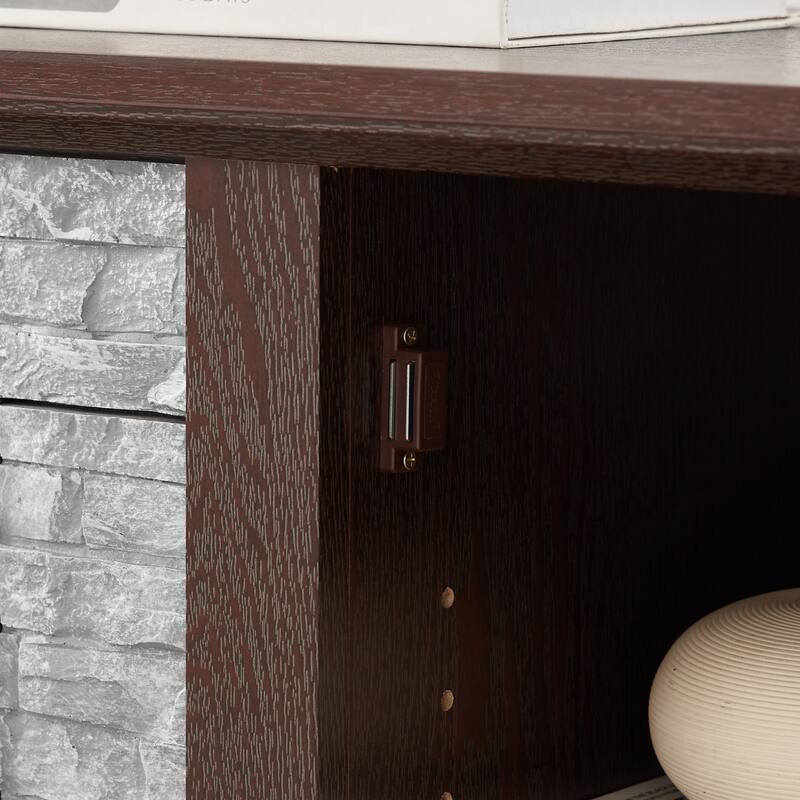 GDFStudio Thatch Wood 70" TV Stand with Faux Stacked Stone Fireplace and 2 Door Storage