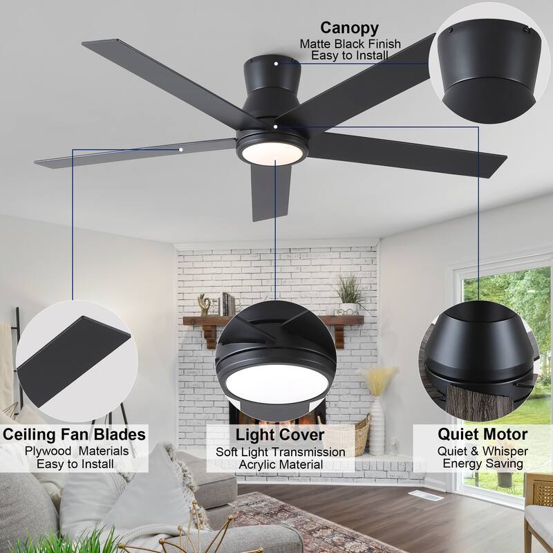 YUHAO AeroLite 48 in. Indoor White Low Profile Standard Ceiling Fan with Bright White Integrated LED Light Kit, Remote Included