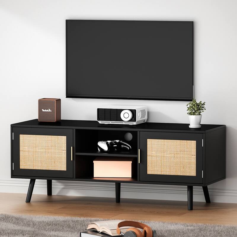 Anmytek Mid-Century Modern Wood Black TV Stand Media Console TV Entertainment Center for TVs up to 55" - 47 inches in width