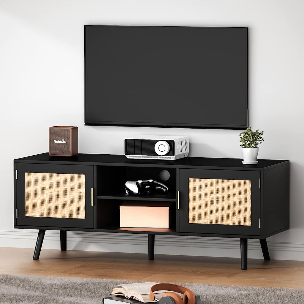 Anmytek Mid-Century Modern Wood Black TV Stand Media Console TV Entertainment Center for TVs up to 55" - 47 inches in width
