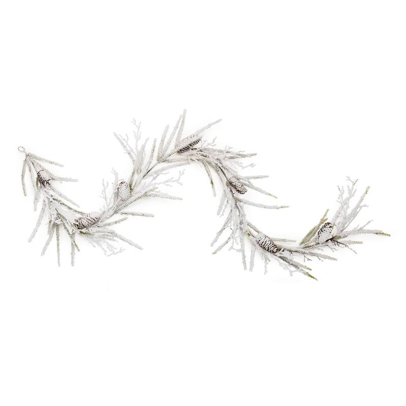 Flocked Pine Garland with Pinecones 72 inches Wired Winter Decor - 72” x 9.5” x 8” (L x W x H) - White-Green