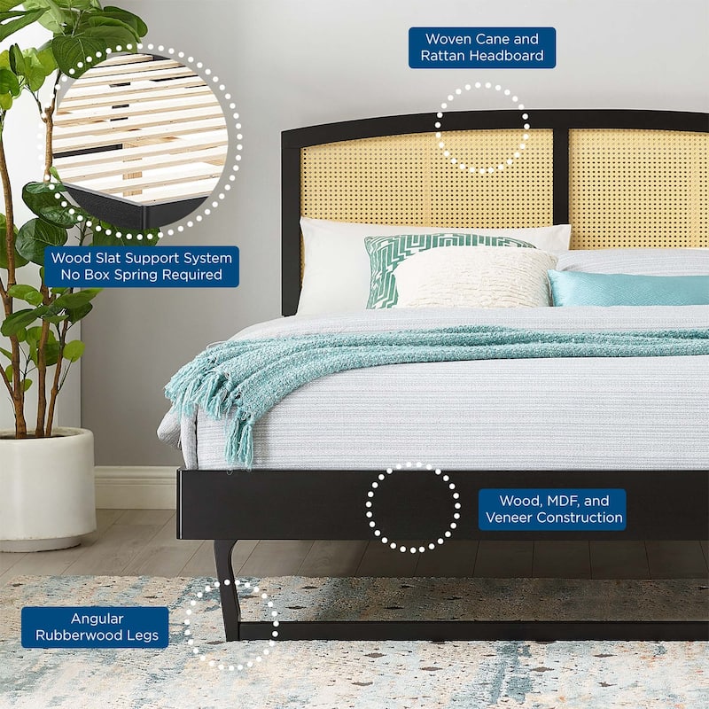 Sierra Cane and Wood King Platform Bed With Angular Legs On Sale