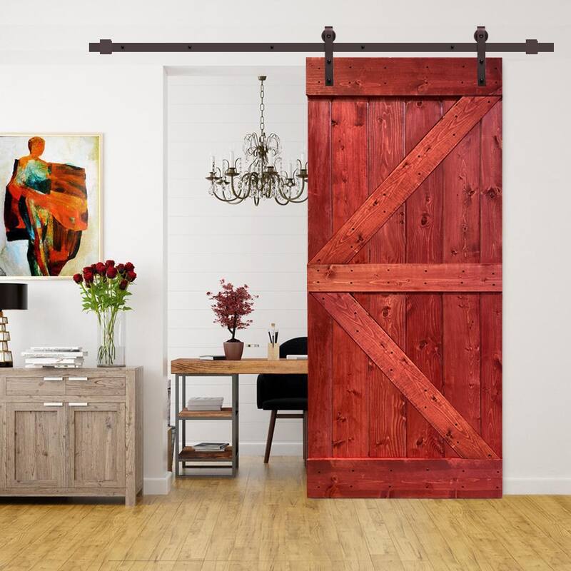 CALHOME K Series Stained Wood Sliding Barn Door with Hardware Kit - Cherry Red - 42 x 84