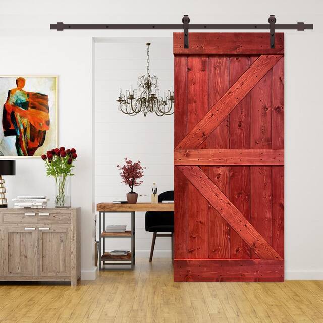 CALHOME K Series Stained Wood Sliding Barn Door with Hardware Kit - Cherry Red - 36 x 84