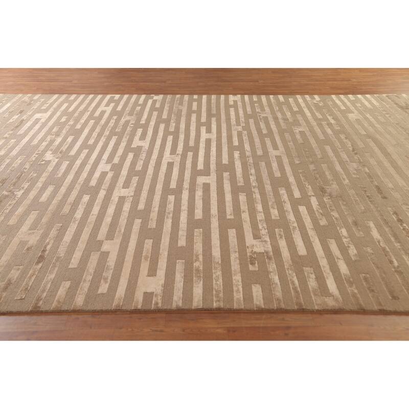 Striped Nepalese Modern Large Area Rug Hand-Knotted Wool Carpet - 10'0" x 13'8"