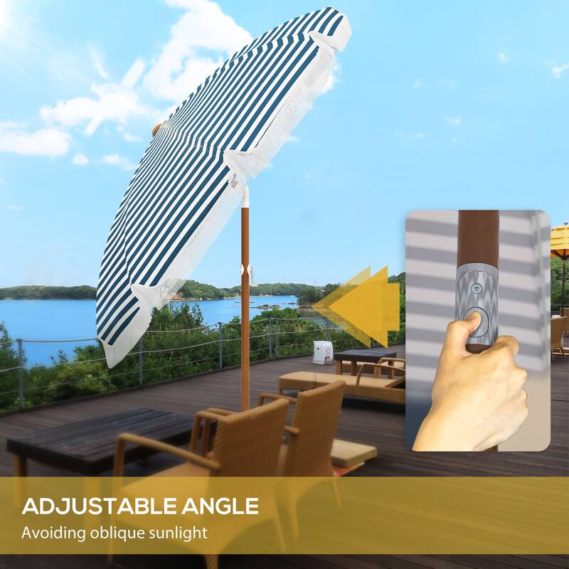 7 x 7 ft Outdoor Patio Umbrella with Tilt, Vent, Market Table Umbrella Parasol with Fringed Ruffles and Flounce, Blue Strip