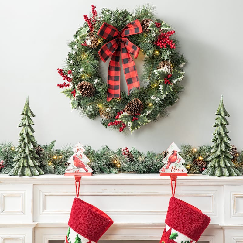 Glitzhome 24"D Snow Berry Twig Ball Pinecone Holly Pine Wreath with Lights & Timer