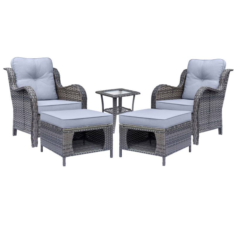 Outdoor Patio Furniture-Gray Wicker Armchair with Storage Ottoman Sets